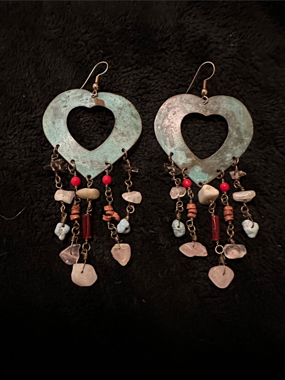 Bohemian Turquoise Patina Heart Dangle Earrings with Mixed Stone Beads